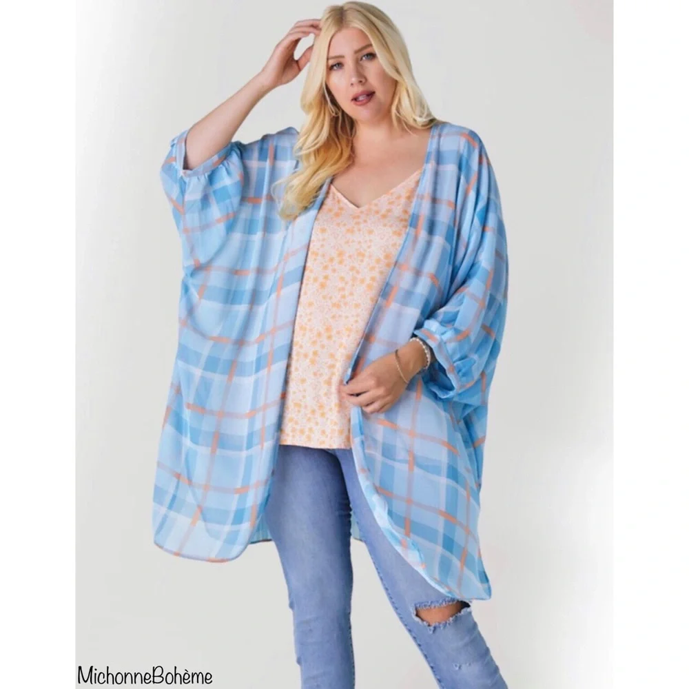 Davi & Dani Light Blue & Orange Plaid Print Kimono Cardigan - Picture 3 of 11